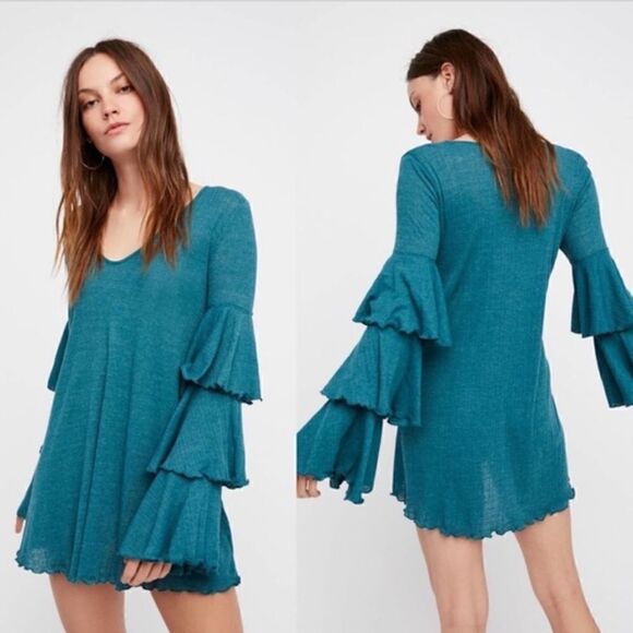 Free People Beach Seashore Mini Dress Ruffle Sleeve Teal Jewel - Picture 1 of 10